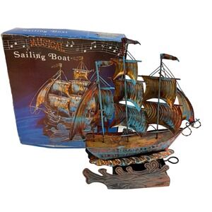 Vtg Music Box Sailing Boat Ship Figurine Gold Wire Sculpture Nautical Decor MCM